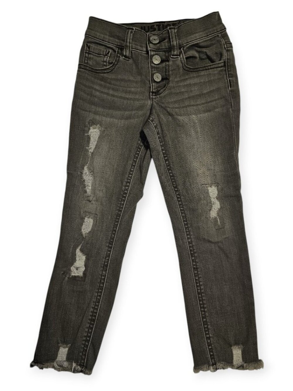 Justice Girls Size 6 Gray Distressed Jeans Raw Hem 3 Button Fly Denim